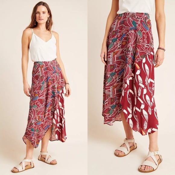 FARM RIO Tropical Bird Floral Multi Print Crepe Faux Wrap Tulip Hem Midi Skirt L - Picture 1 of 6